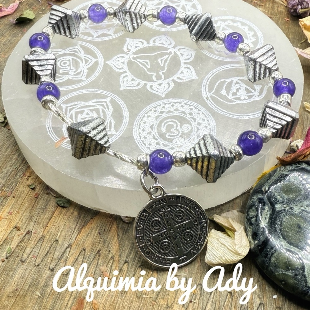 Purple amethyst and silver Saint Benedict charms beaded Bracelet